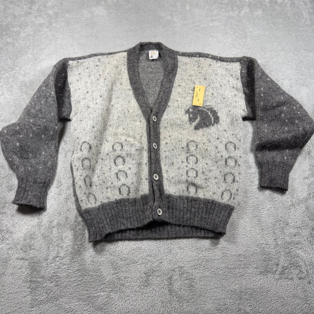Vtg Ice Knit Icelandic Cardigan Mens Small Gray Horse Horseshoe Fair Isle Wool